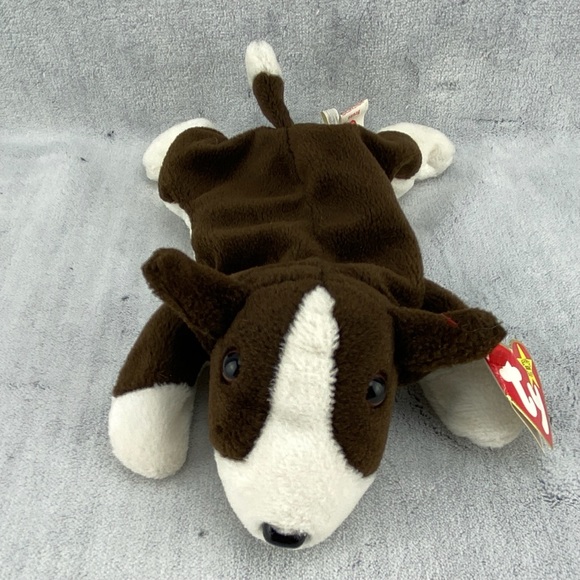 Ty Beanie Babies Bull Terrier Full Body Beanbag Plush 'Bruno' Brown & White 1997 - Picture 2 of 13